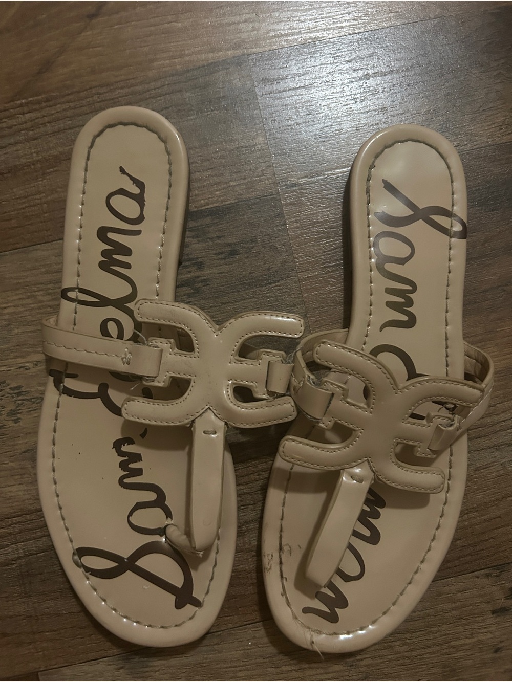 Sam Edelman Beige Patent Slide Sandals with Decorative Cutout